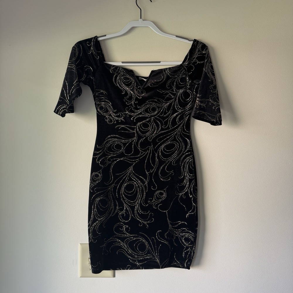 Philosophy of Peak P.O.P. Black Velvet Gold Glitter Bodycon Dress Medium